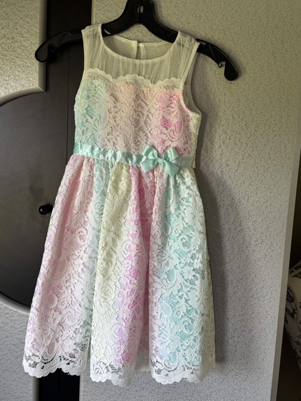 Jona Michelle Pastel Rainbow Lace Dress with Satin Bow